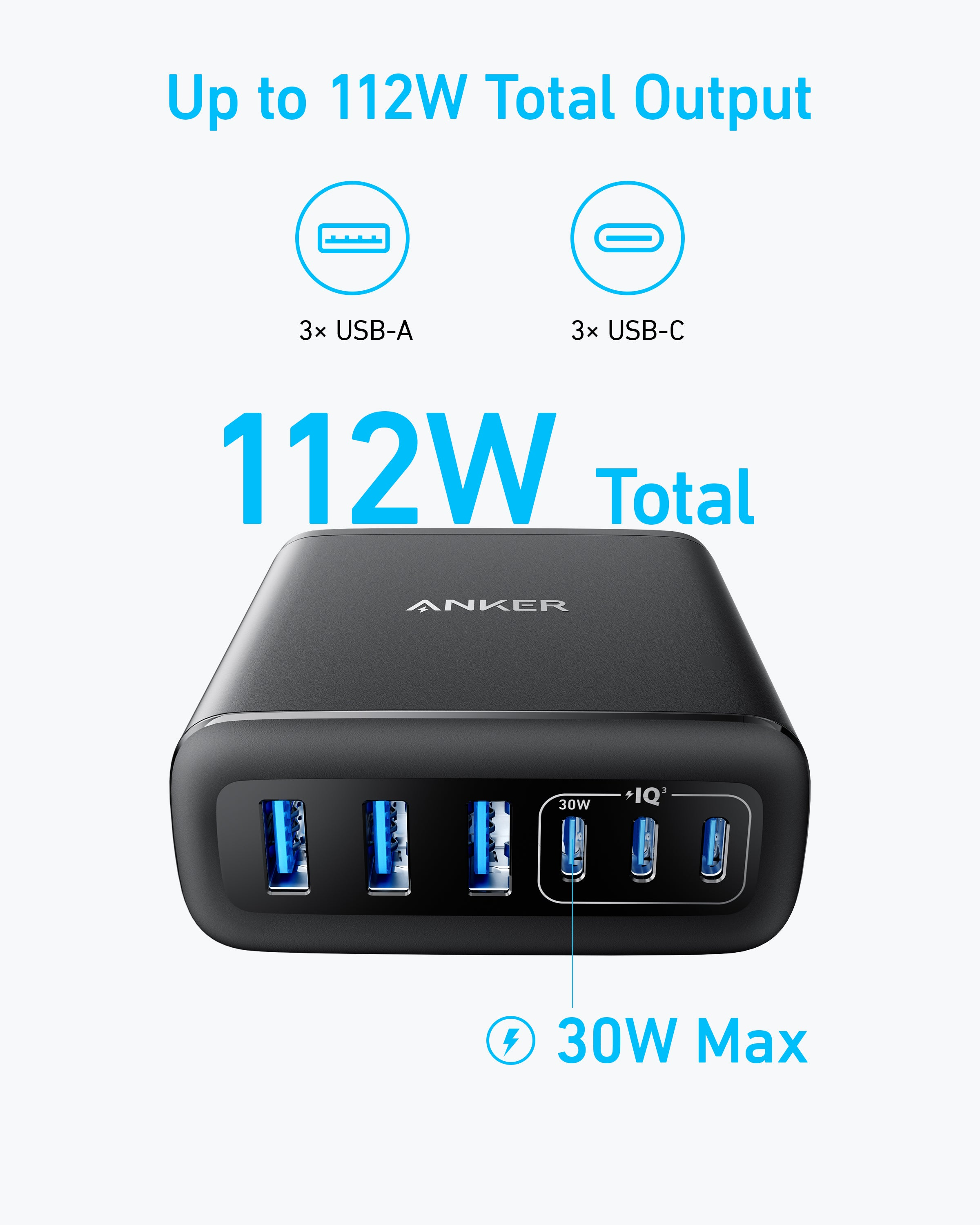Anker Charger (112W, 6 Ports, GaN) - Black Anker Charger (112W, 6 Ports, GaN) - Black